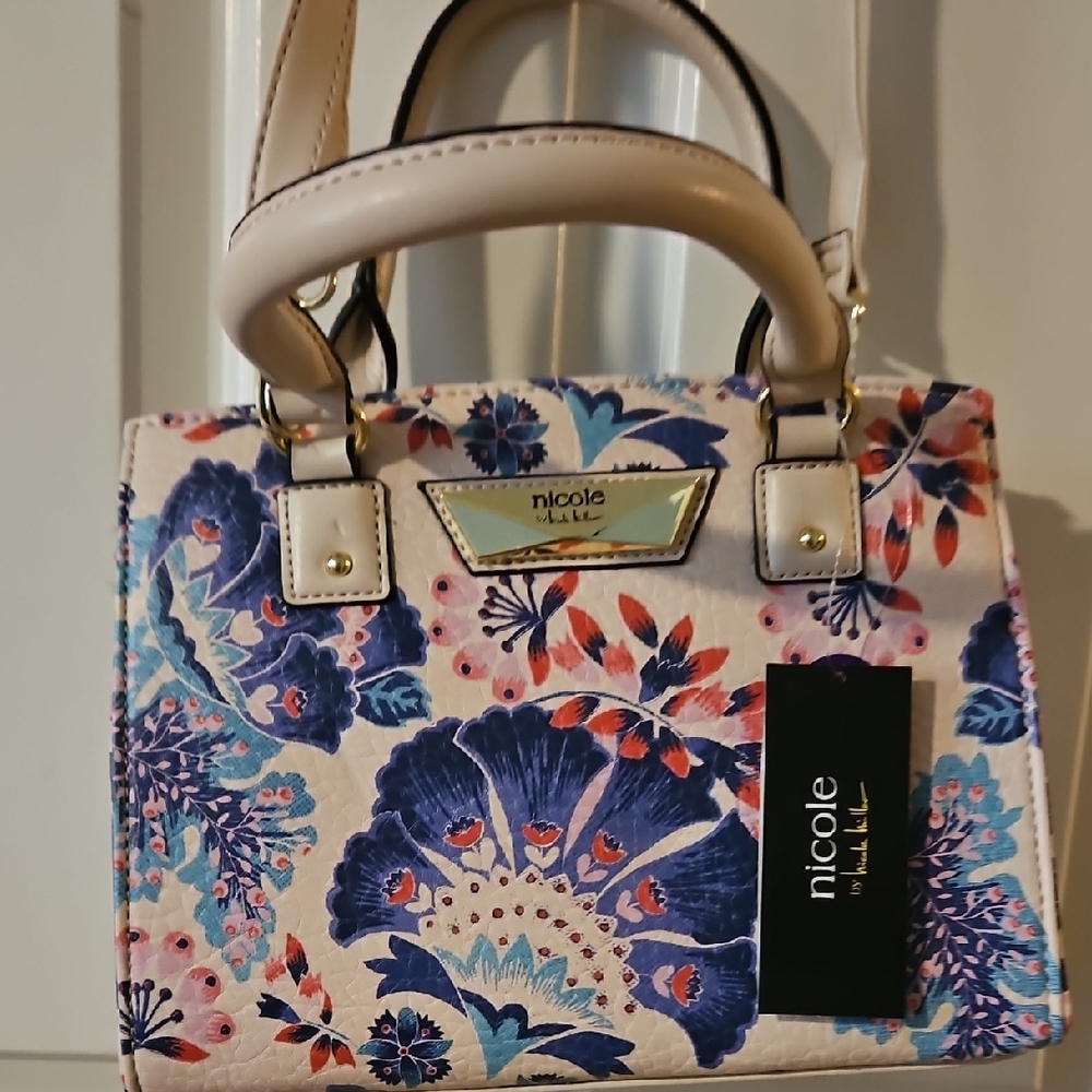 Nicole Lee Floral Handbag - Cream and Blue